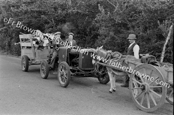 OLD TRACTOR WITH LOAD & DONKEY AND CART